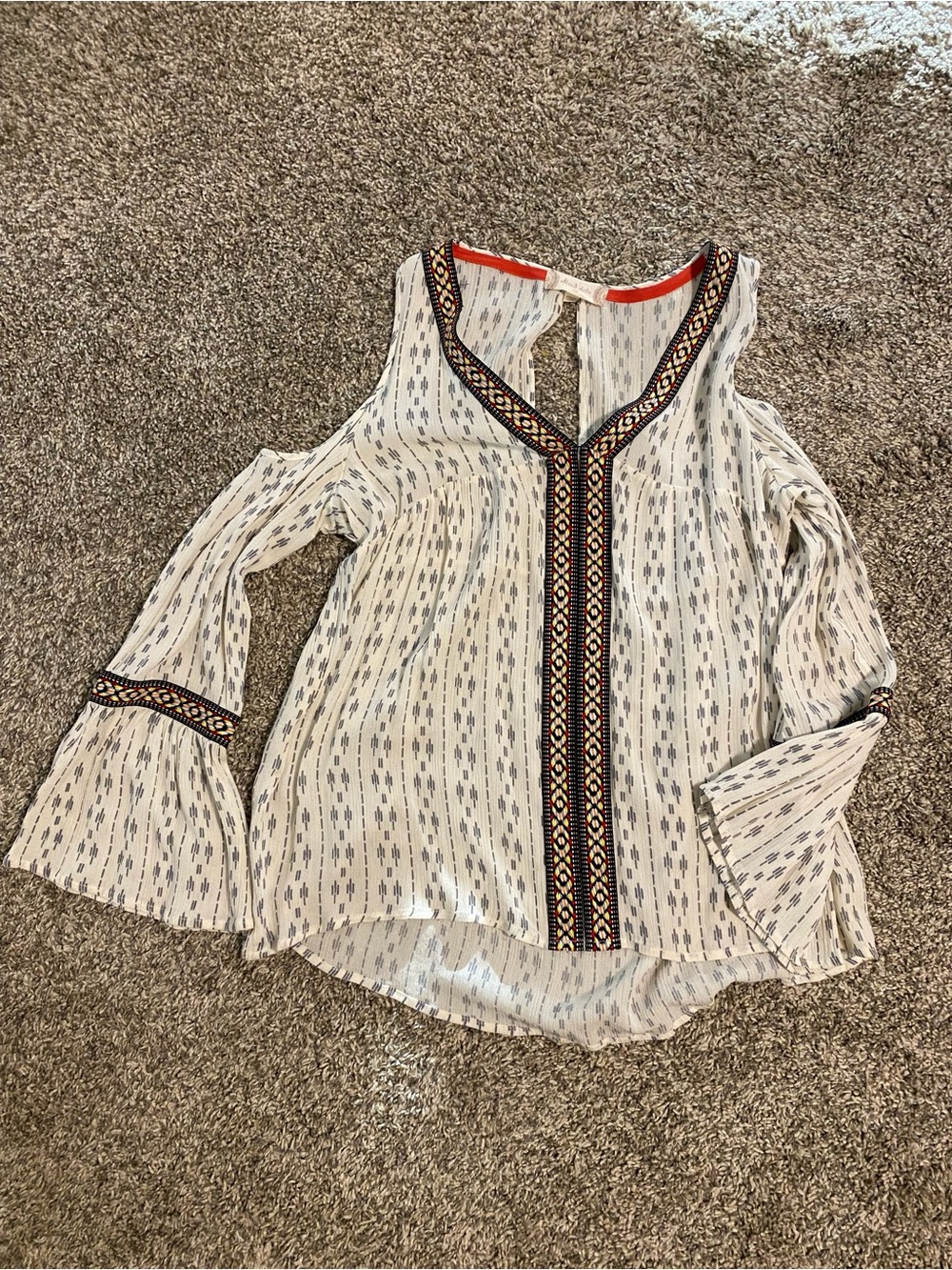 Altar'd State Cream Cold-Shoulder Blouse with Navy and Orange Trim